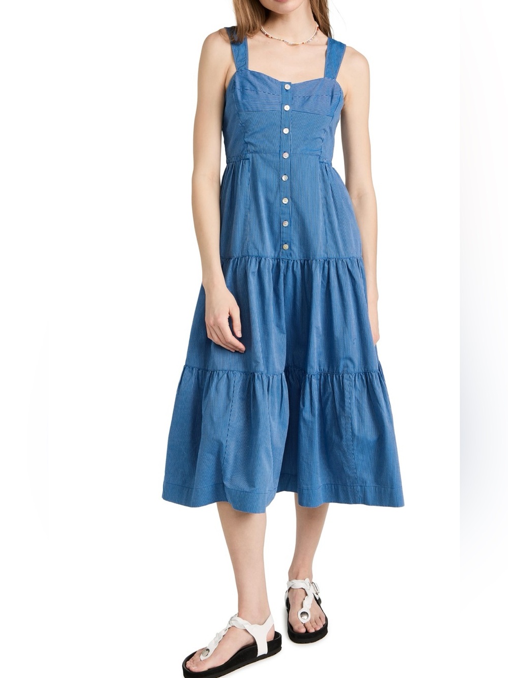 Madewell Button Front Tiered Midi Dress Blue Stripe Sz 6 Pockets 100% Cotton